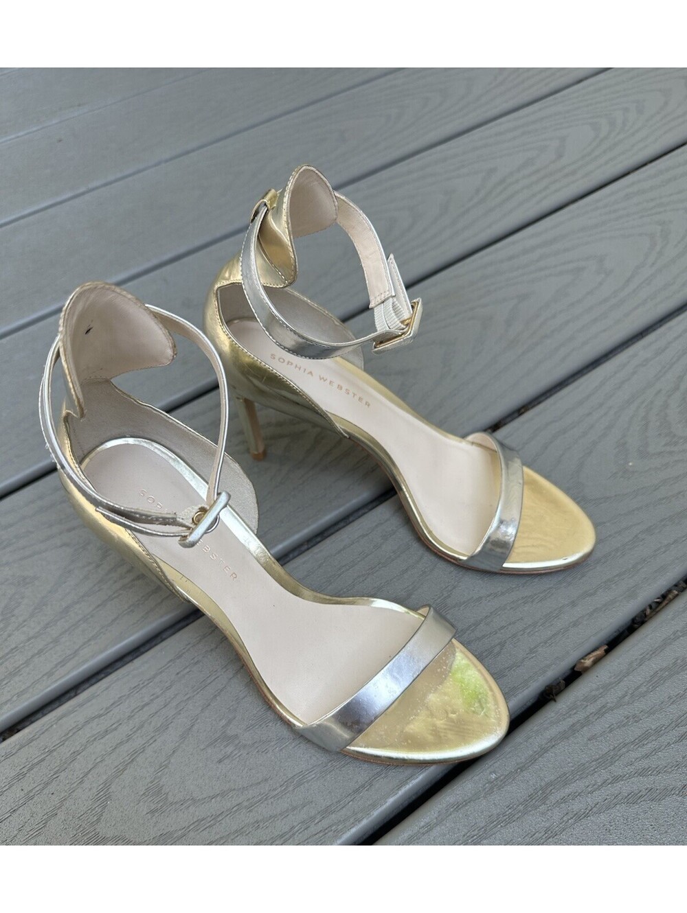 Sophia Webster Silver Patent Leather Strappy Stiletto Heel Sandals 37 US 6.5